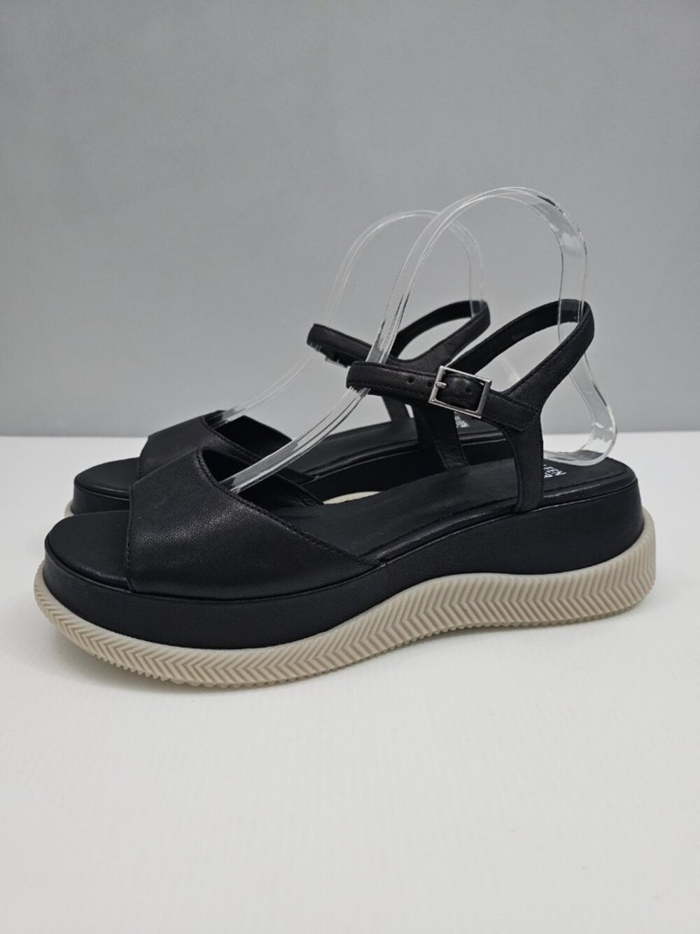Eileen Fisher Airo Platform Wedge Sandal Womens 9 Black Leather Ankle Strap